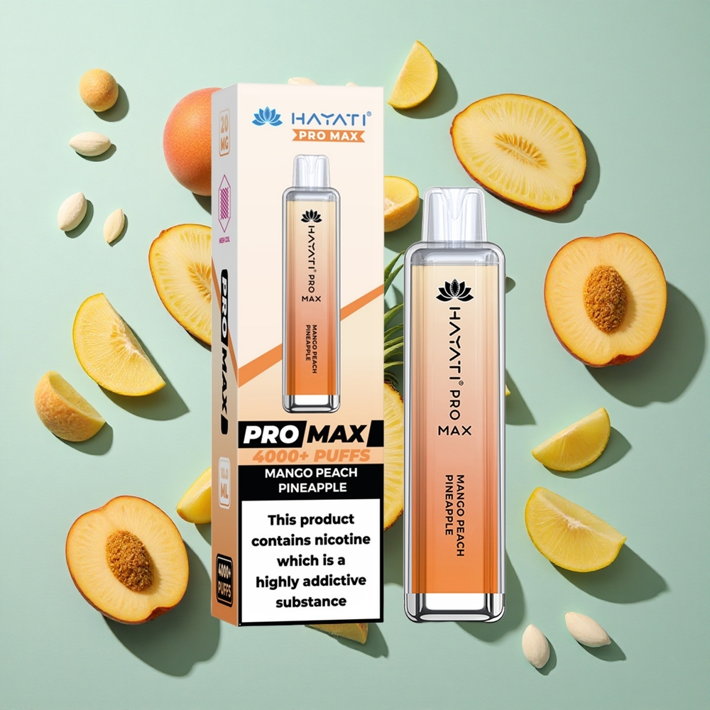 Mango Peach Ananas Hayati Pro Max 4000 Puffs Genopladelig Vape 2ml tank med 10ml auto påfyldning
