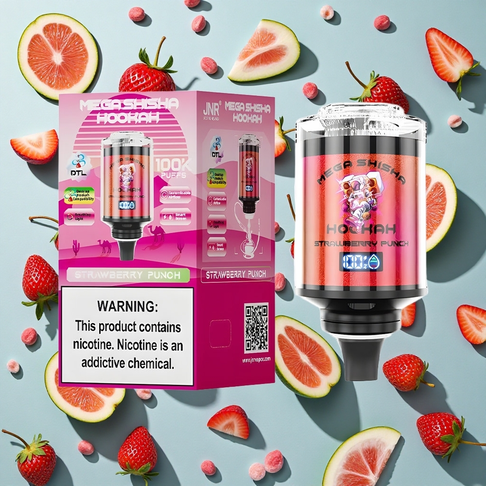 Jordbær Punch JNR Mega Shisha Hookah 100K puste 2200mAh Genopladeligt Batteri