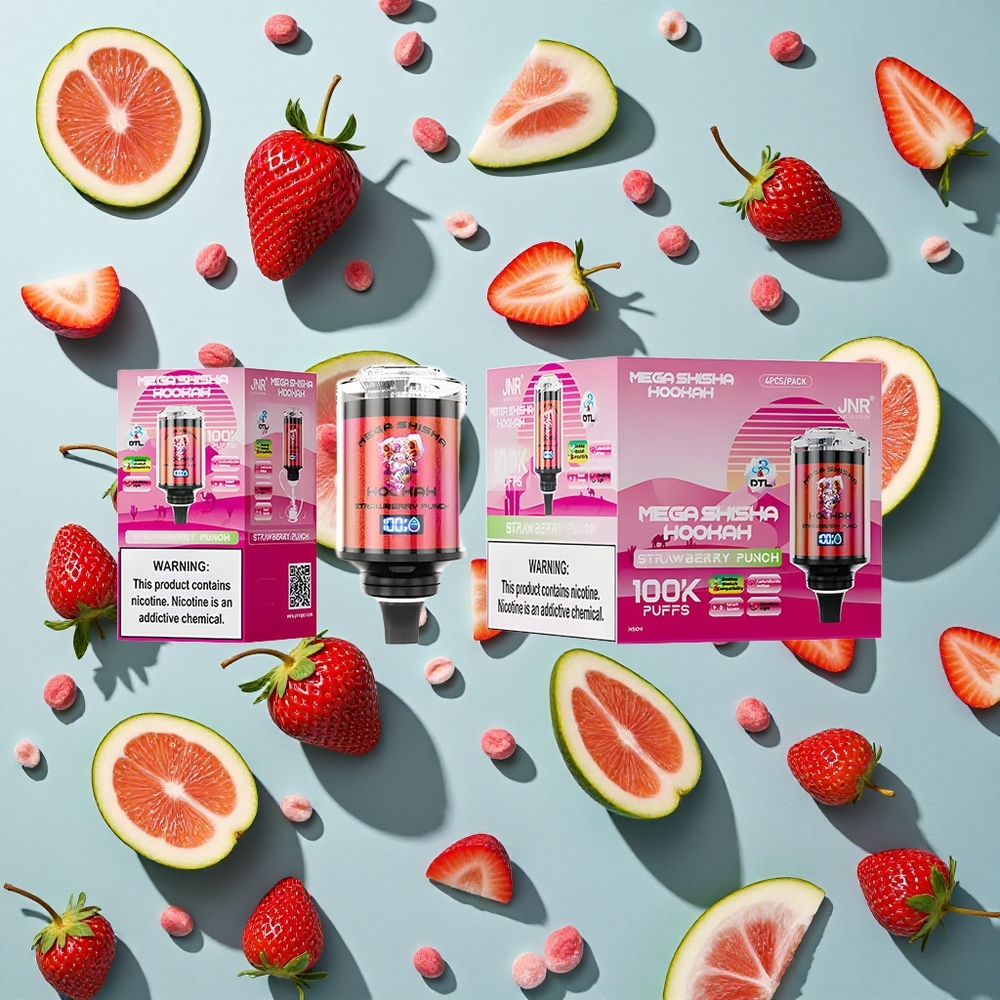 Jordbær Punch JNR Mega Shisha Hookah 100K puste 2200mAh Genopladeligt Batteri